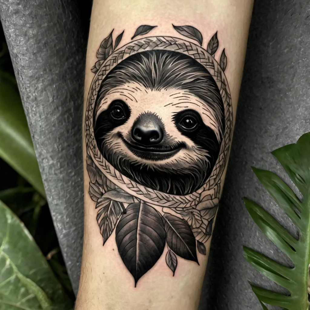 Tattoo of a smiling sloth framed by a woven circle with detailed leaves. Black and gray shading enhances texture.