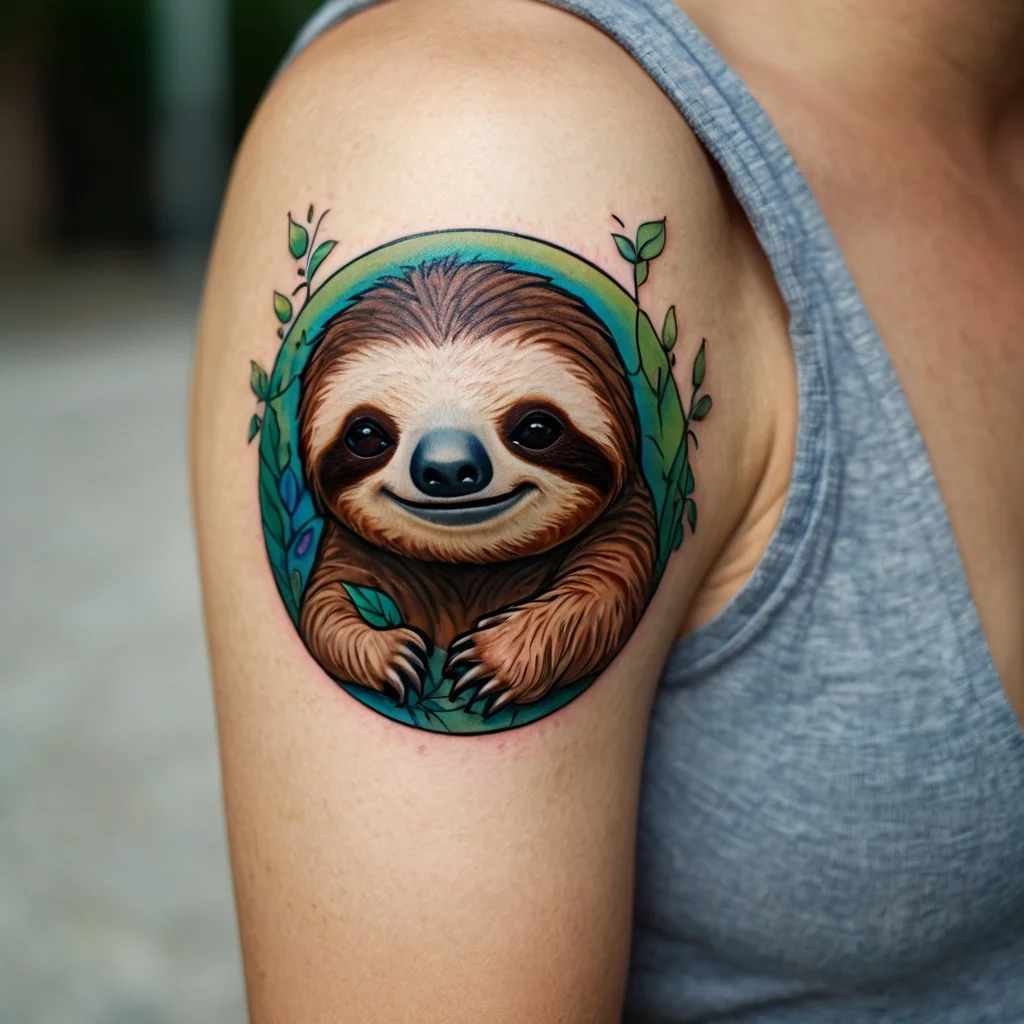 Colorful sloth tattoo with vibrant leaves, circular background, and a playful expression, showcasing serene nature vibes.