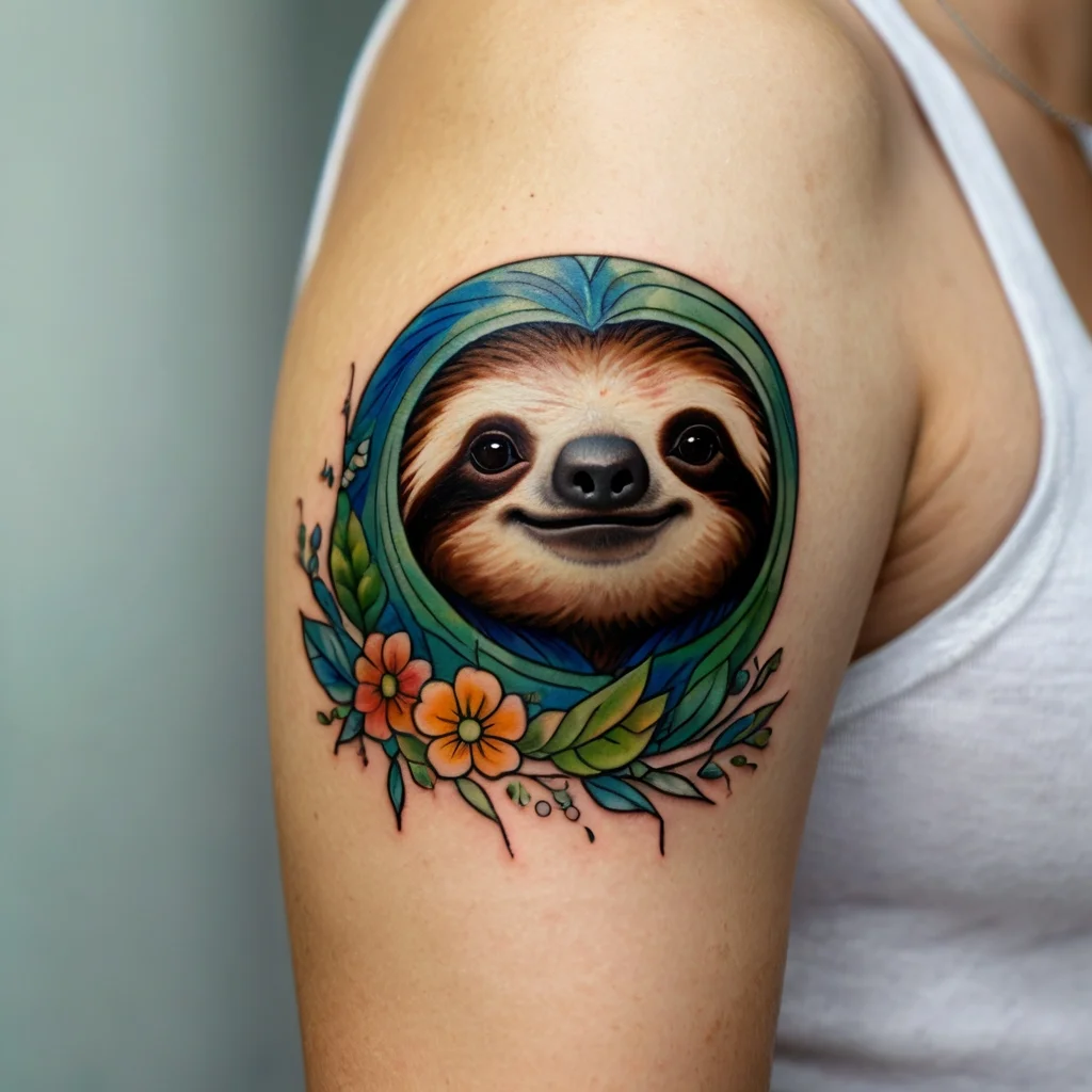 Colorful tattoo of a smiling sloth in a leafy frame with vibrant orange flowers on the upper arm.