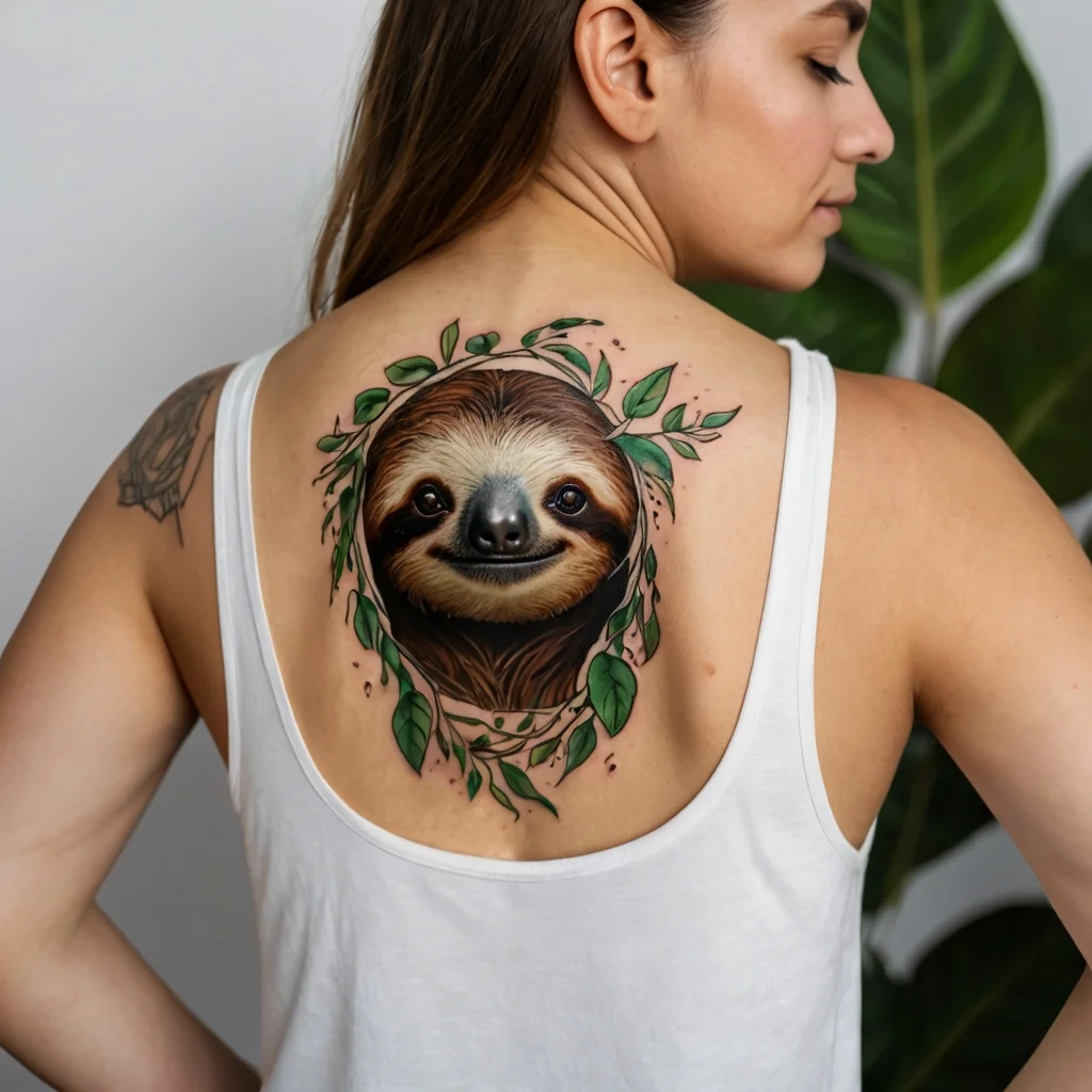 Realistic sloth face tattoo with vivid greens and leaves, detailed shading, centered on the upper back, beneath a white tank.