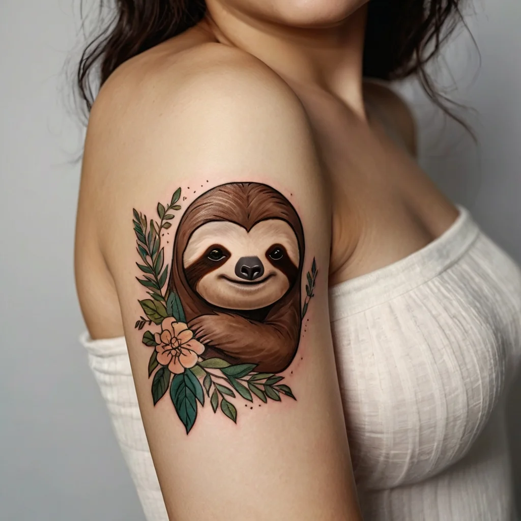 Tattoo of a smiling sloth nestled in branches with green leaves and a pink flower on upper arm, realistic and vibrant.