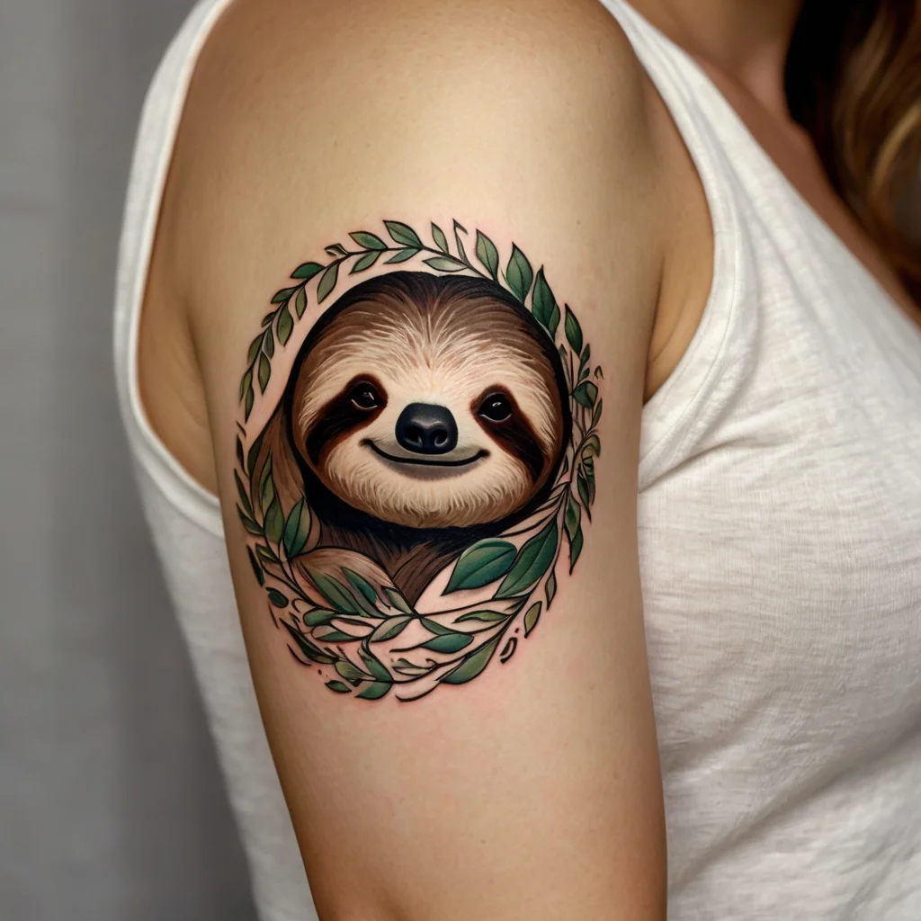 A colorful sloth tattoo on the upper arm, framed by green leaves, blending realism and whimsical elements.