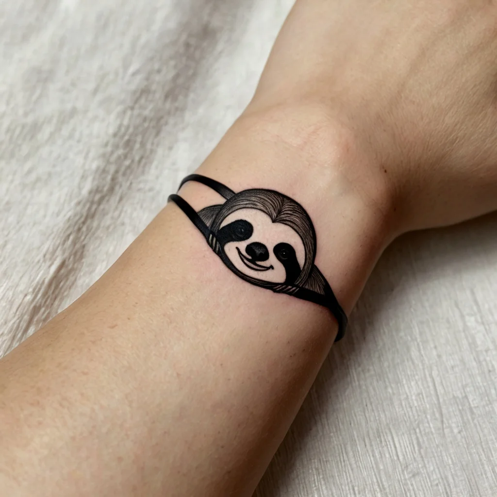 Cute sloth tattoo wrapped around wrist, showcasing a smiling face with minimal black ink detailing.