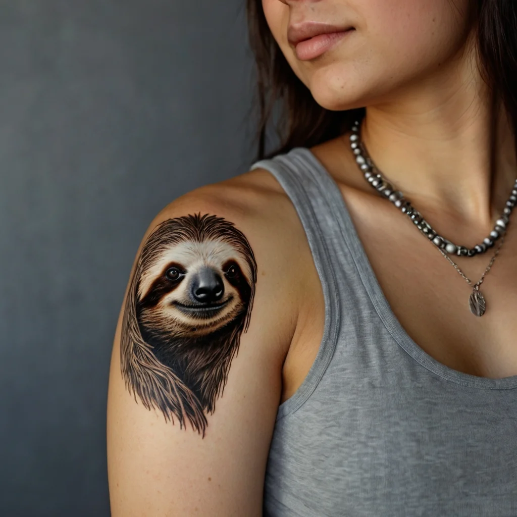 Realistic sloth portrait tattoo on upper arm, capturing detailed facial features and fur, with a gentle and relaxed expression.