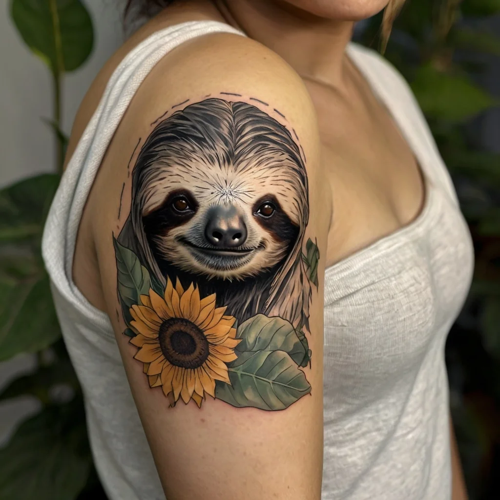 A vibrant tattoo of a smiling sloth with a sunflower and leaves, intricately detailed, on an upper arm.