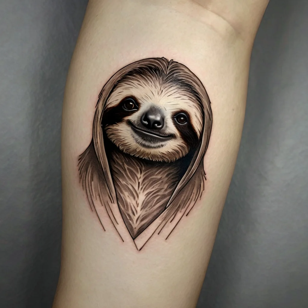 Realistic sloth tattoo with subtle shading and detail, featuring a smiling face and surrounded by dynamic lines.