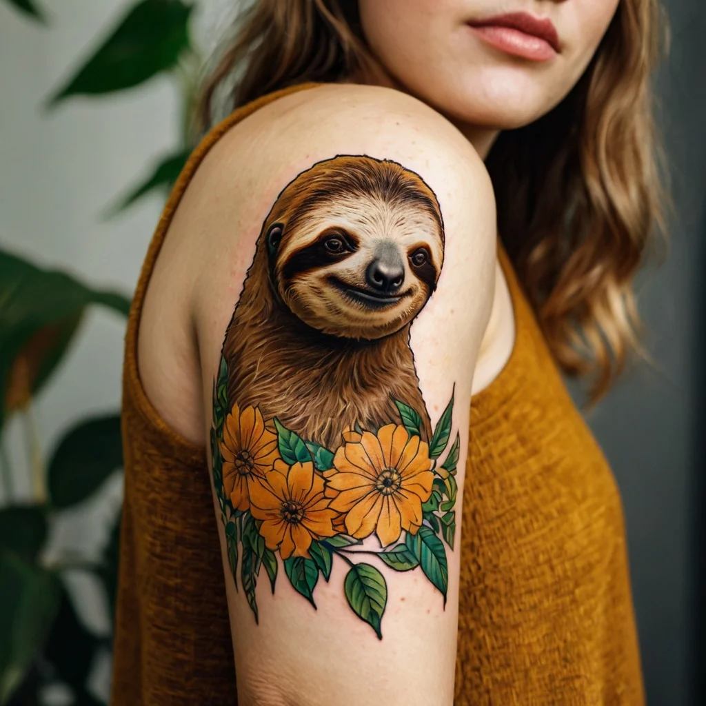 A realistic sloth tattoo adorned with vibrant orange flowers and green leaves on the upper arm, blending nature and calmness.