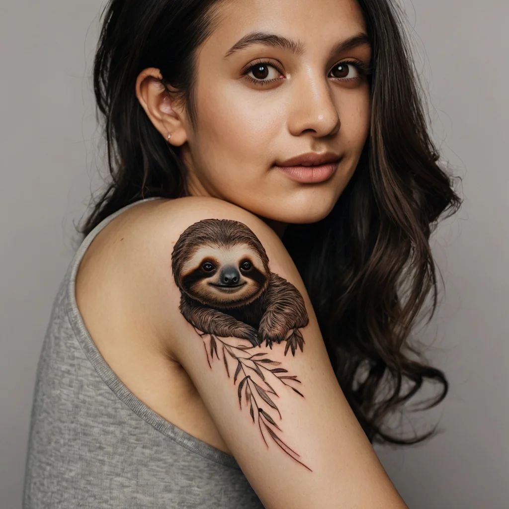 Realistic sloth tattoo on upper arm, featuring intricate fur details and leafy branch accents.