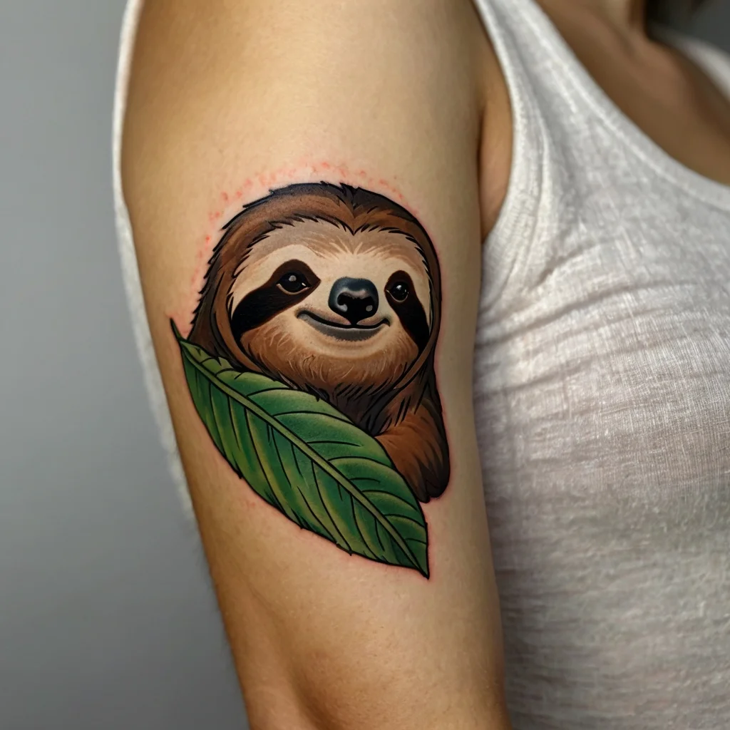 Colorful sloth tattoo on upper arm with a green leaf detail, showcasing playful expression and realistic shading.