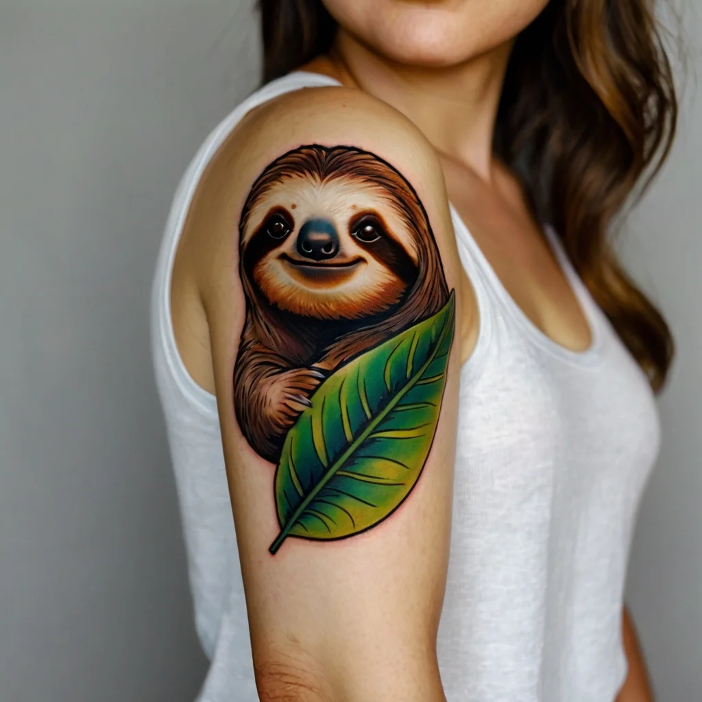 A realistic tattoo of a smiling sloth hugging a green leaf on the upper arm, symbolizing tranquility and nature.