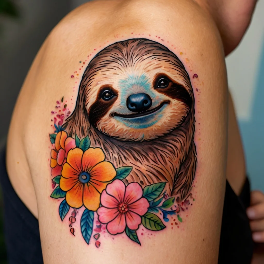 A colorful tattoo of a smiling sloth surrounded by vibrant orange and pink flowers on the upper arm.