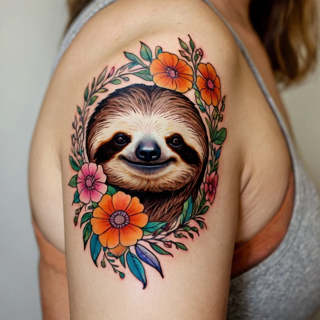 Colorful sloth tattoo surrounded by orange and pink flowers with green leaves on the upper arm, showcasing vibrant detail.