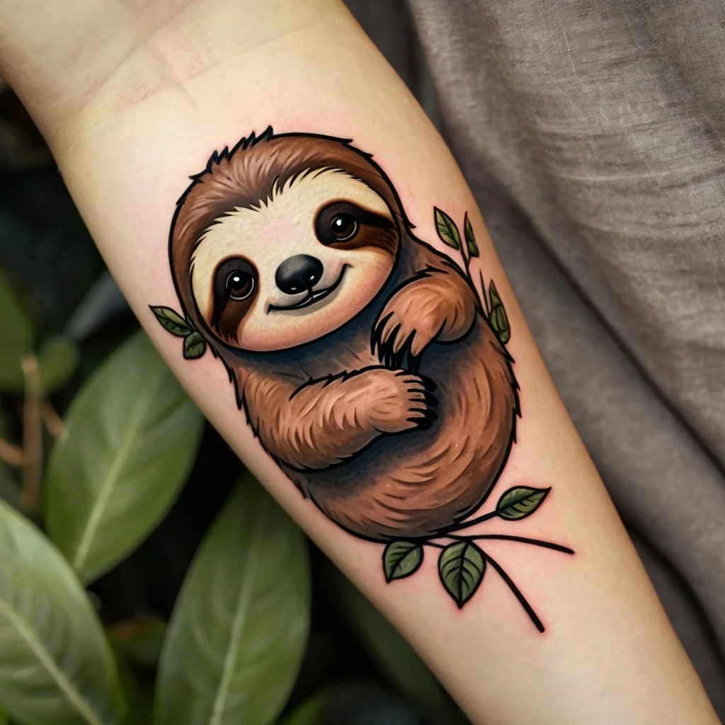 Cartoon sloth tattoo with vibrant shading, cute smile, and leafy branches, symbolizing relaxation and nature’s joy.