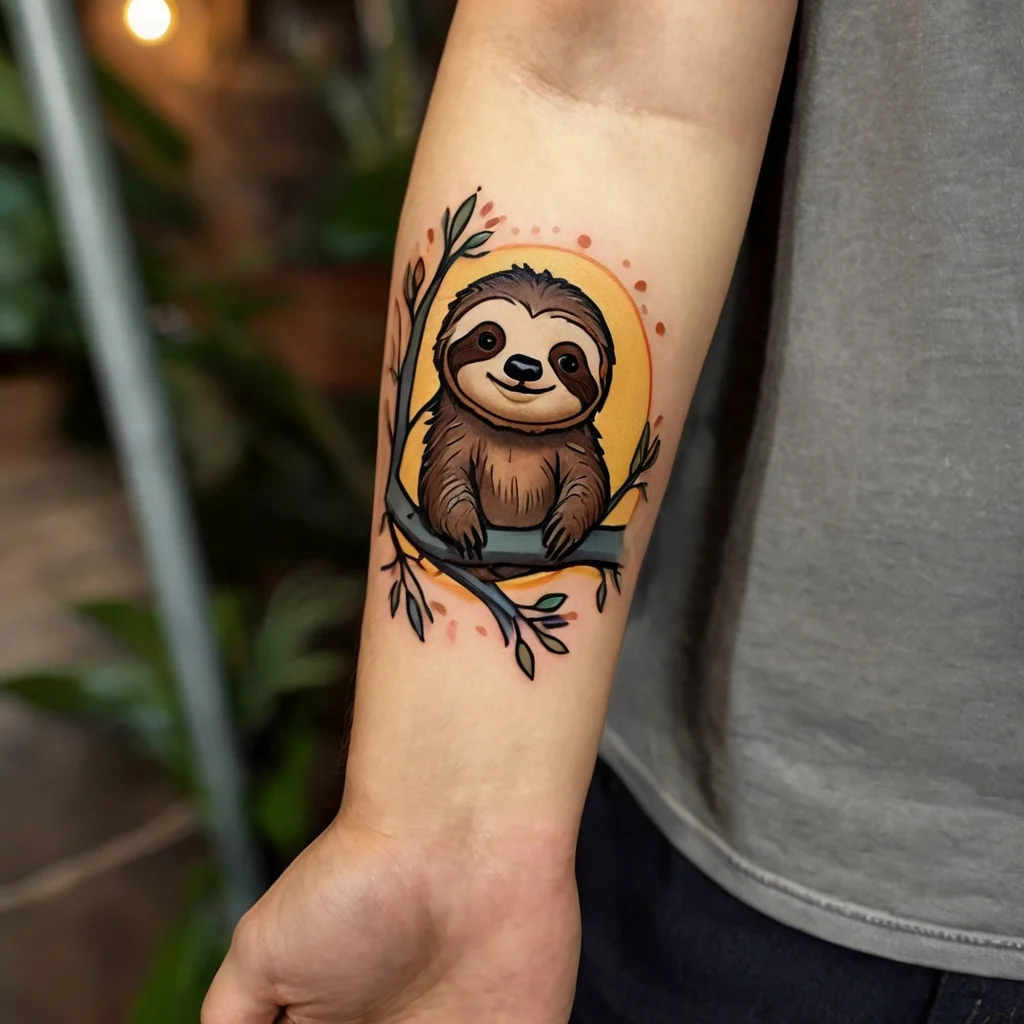 Cute sloth tattoo on arm, perched on a branch with leaves, set against a yellow-orange circle background.