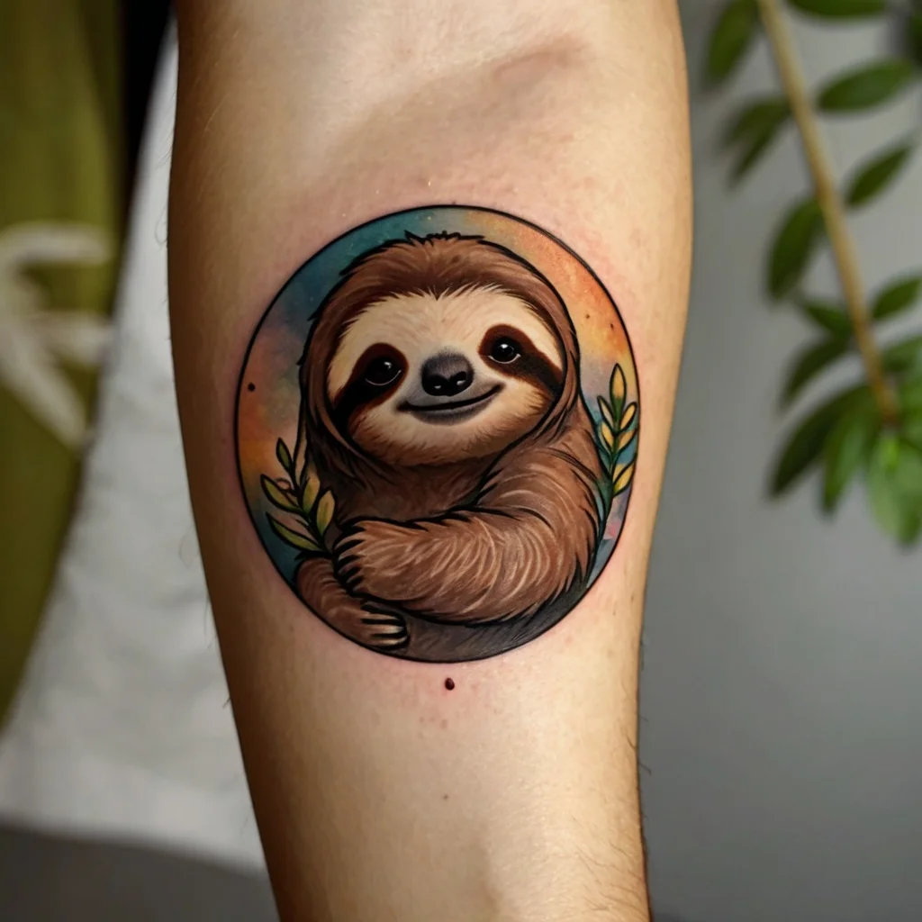 Circular tattoo of a smiling sloth hugging branches, set against a warm, gradient background, symbolizing tranquility.