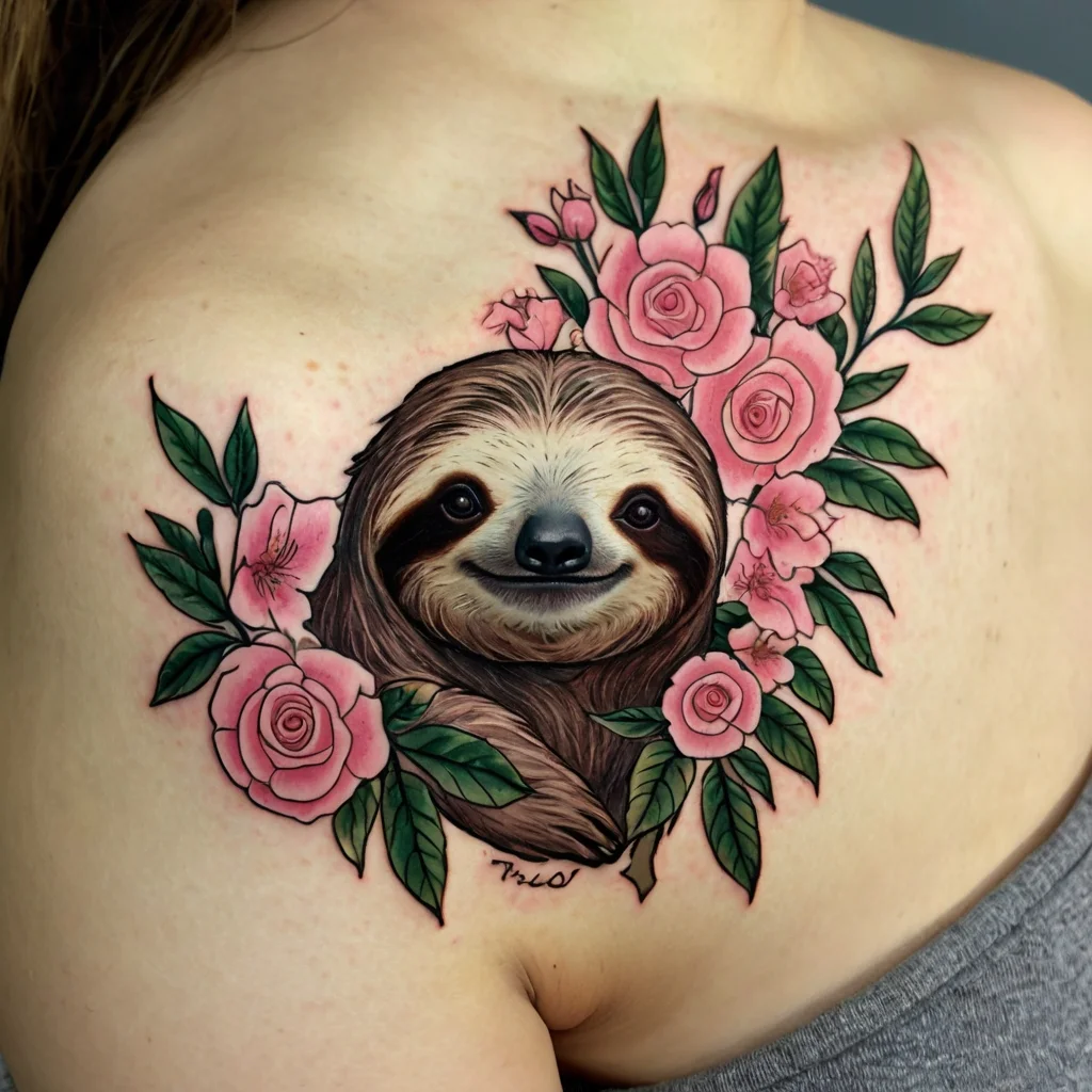 A realistic sloth tattoo surrounded by vibrant pink roses and green leaves on the upper chest, blending nature and charm.