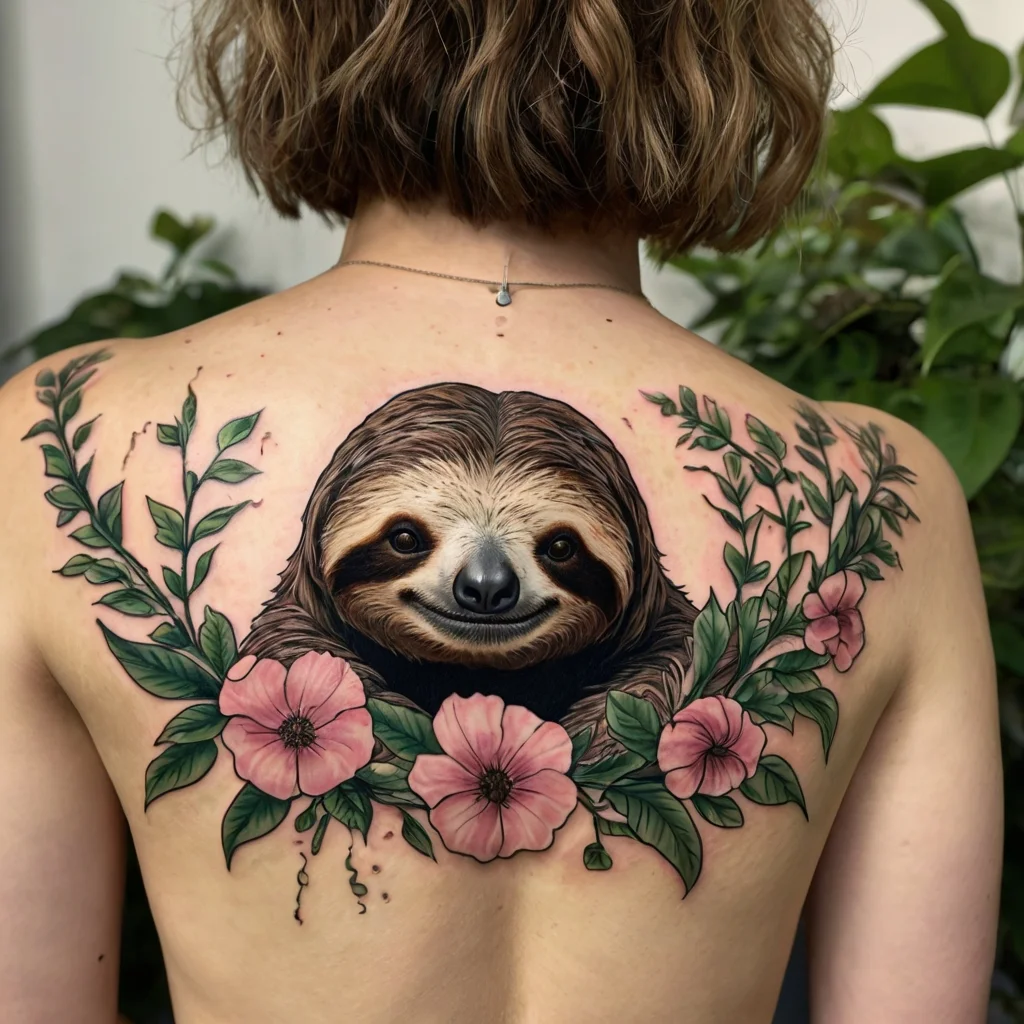 Back tattoo featuring a cheerful sloth amidst vibrant green leaves and pink flowers, creating a playful nature theme.