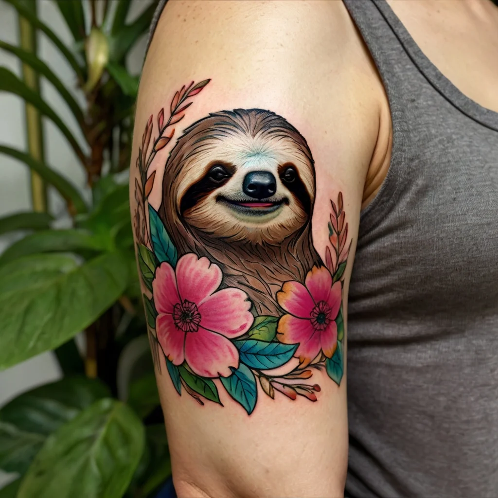 Colorful tattoo of a smiling sloth surrounded by vibrant pink flowers and green leaves on the upper arm.