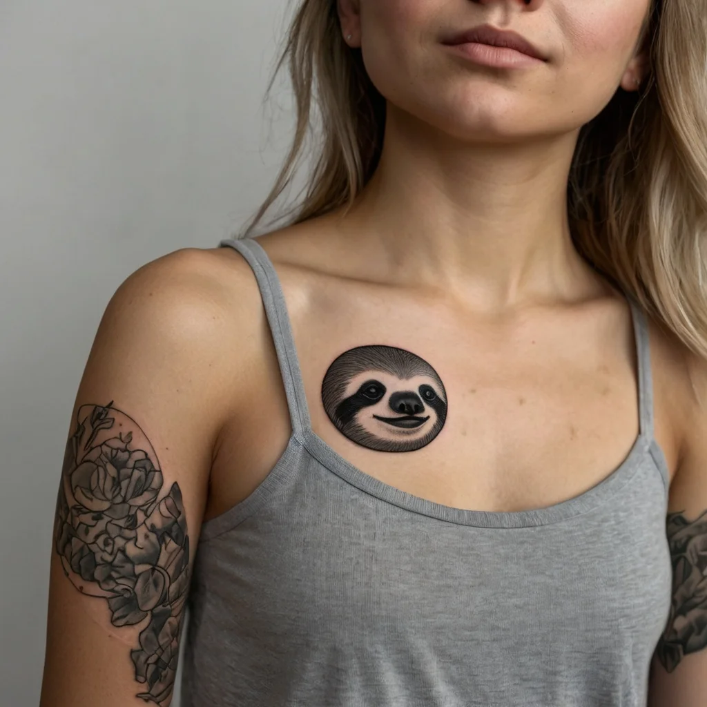 Chest tattoo of a realistic sloth face encased in a circle with black and gray shading, complemented by floral arm art.