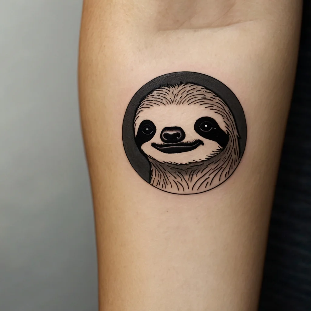 Circular tattoo of a smiling sloth with bold lines and shading, showcasing its gentle expression and iconic features.