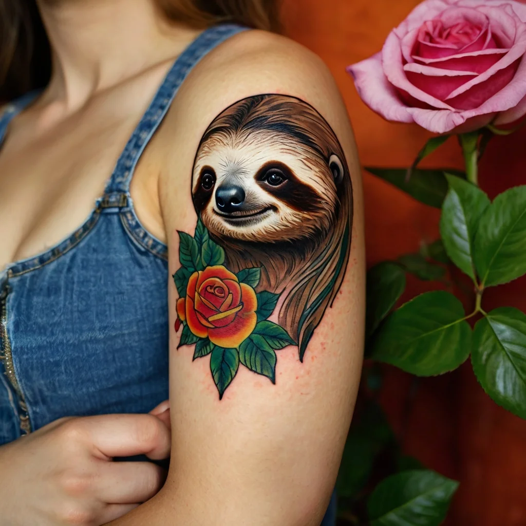 A vibrant tattoo of a smiling sloth entwined with a vivid orange rose and green leaves on the upper arm.