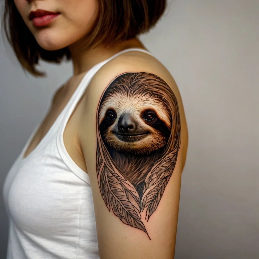 Realistic sloth tattoo on upper arm, surrounded by intricate leaf patterns, highlighting vibrant details and texture.