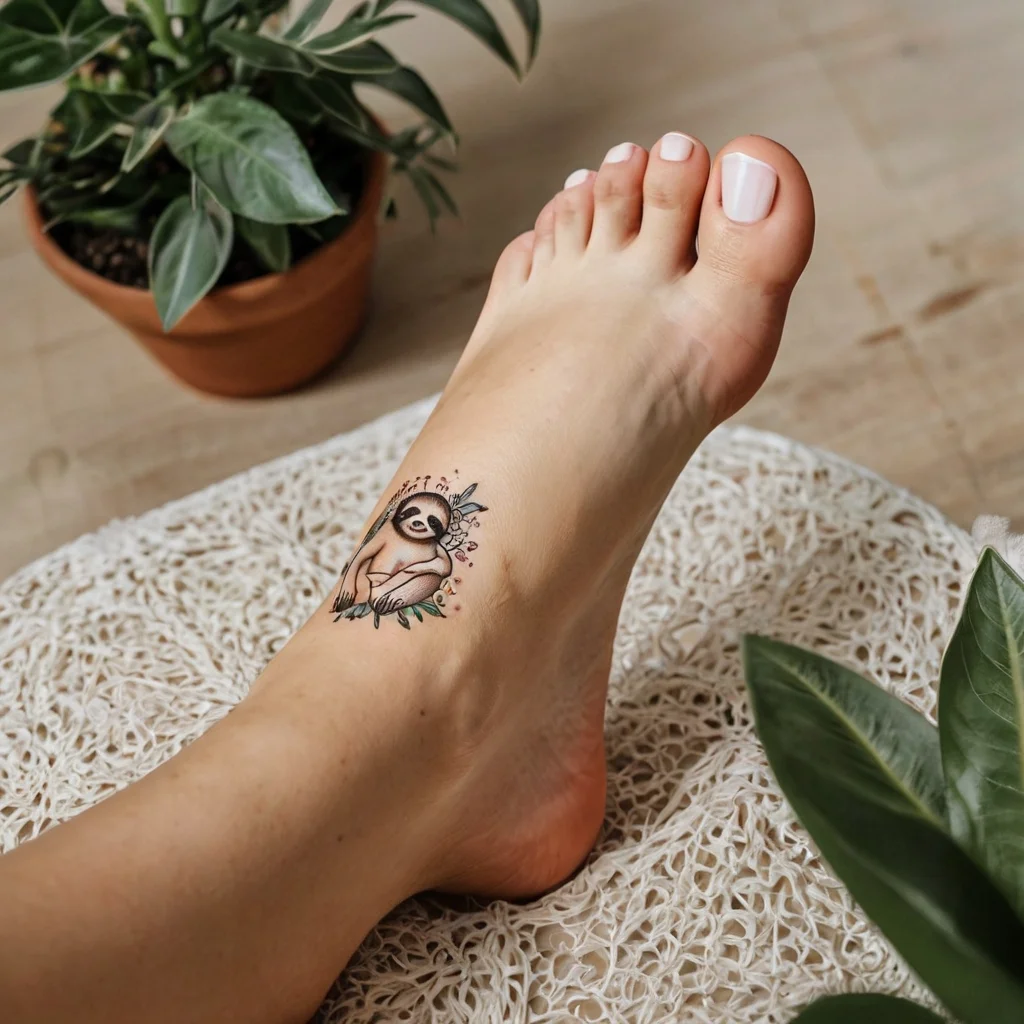 Cute sloth tattoo on ankle with green leaves and small flowers, symbolizing relaxation and nature's tranquility.