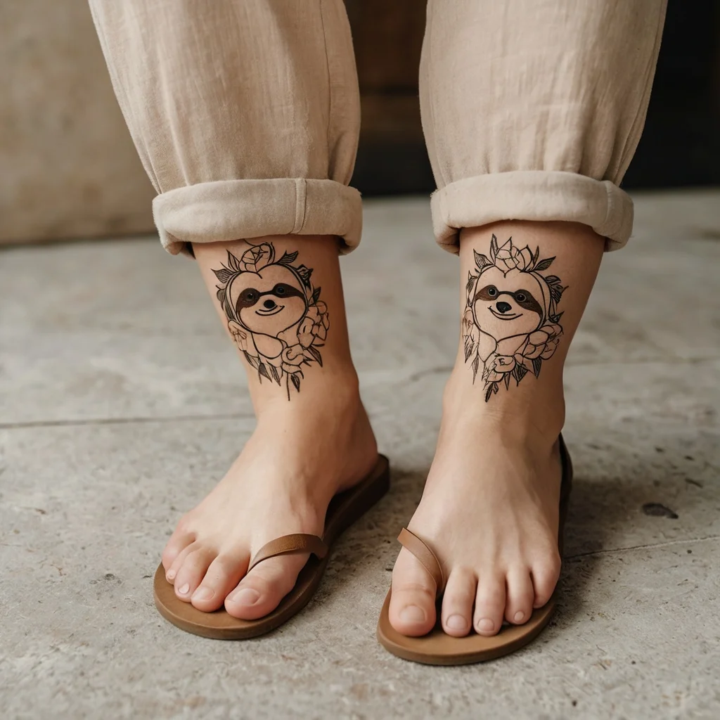 Cute sloth tattoos with floral accents on both ankles, featuring leaves and blossoms for a playful, nature-inspired design.