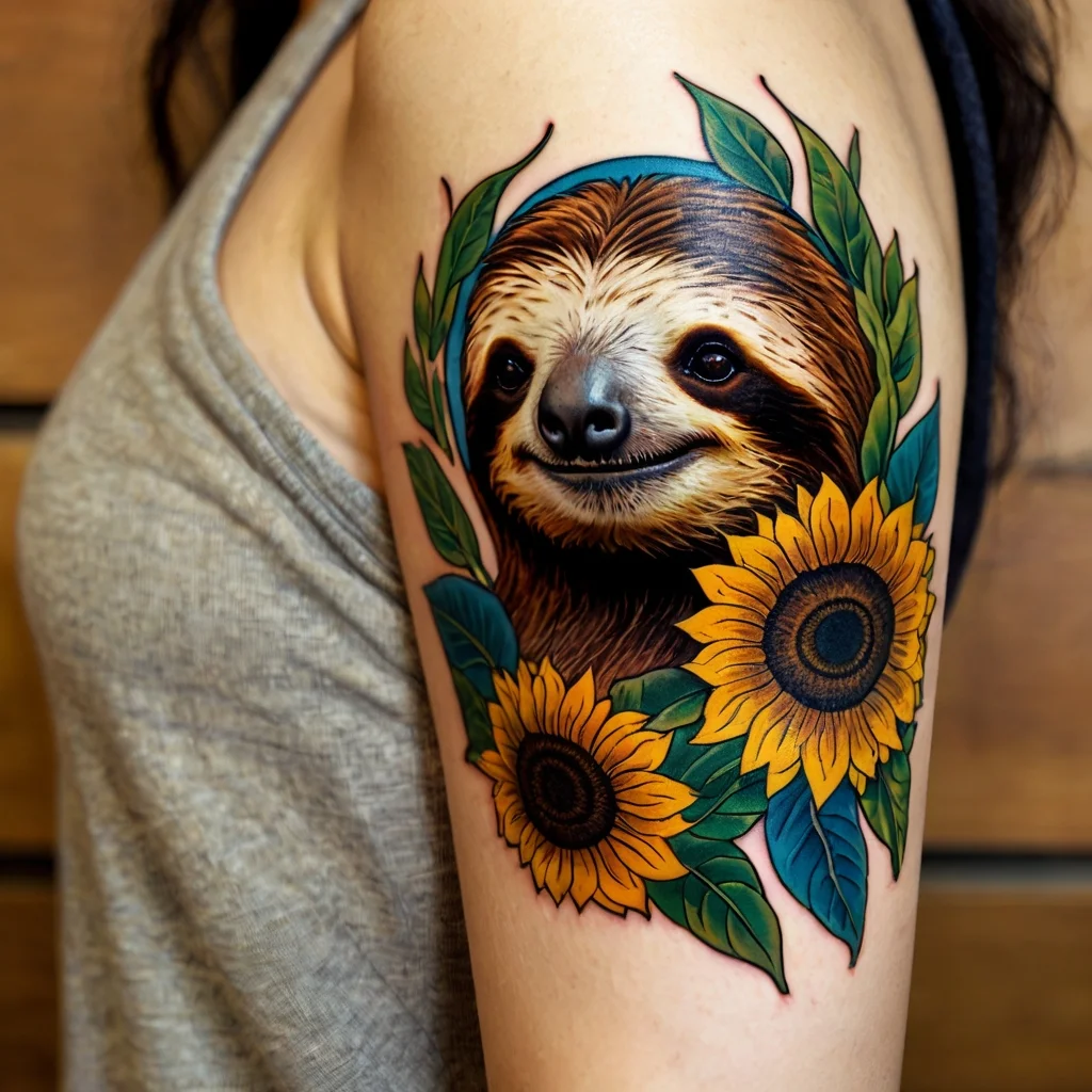 A vibrant tattoo of a sloth surrounded by sunflowers and leaves, blending realism and color on the upper arm.