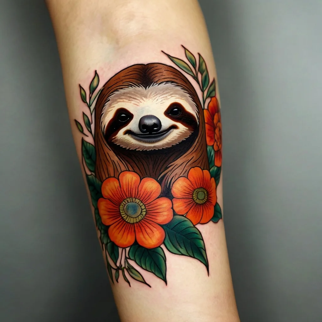 Colorful tattoo of a smiling sloth surrounded by vibrant orange flowers and green leaves, symbolizing tranquility and nature.