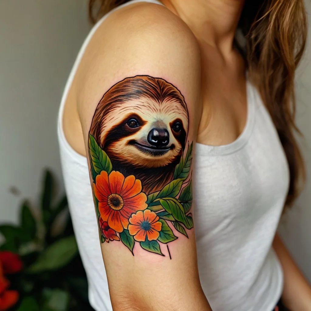 Tattoo of a smiling sloth surrounded by vibrant orange flowers and green leaves on an upper arm; bright and colorful design.