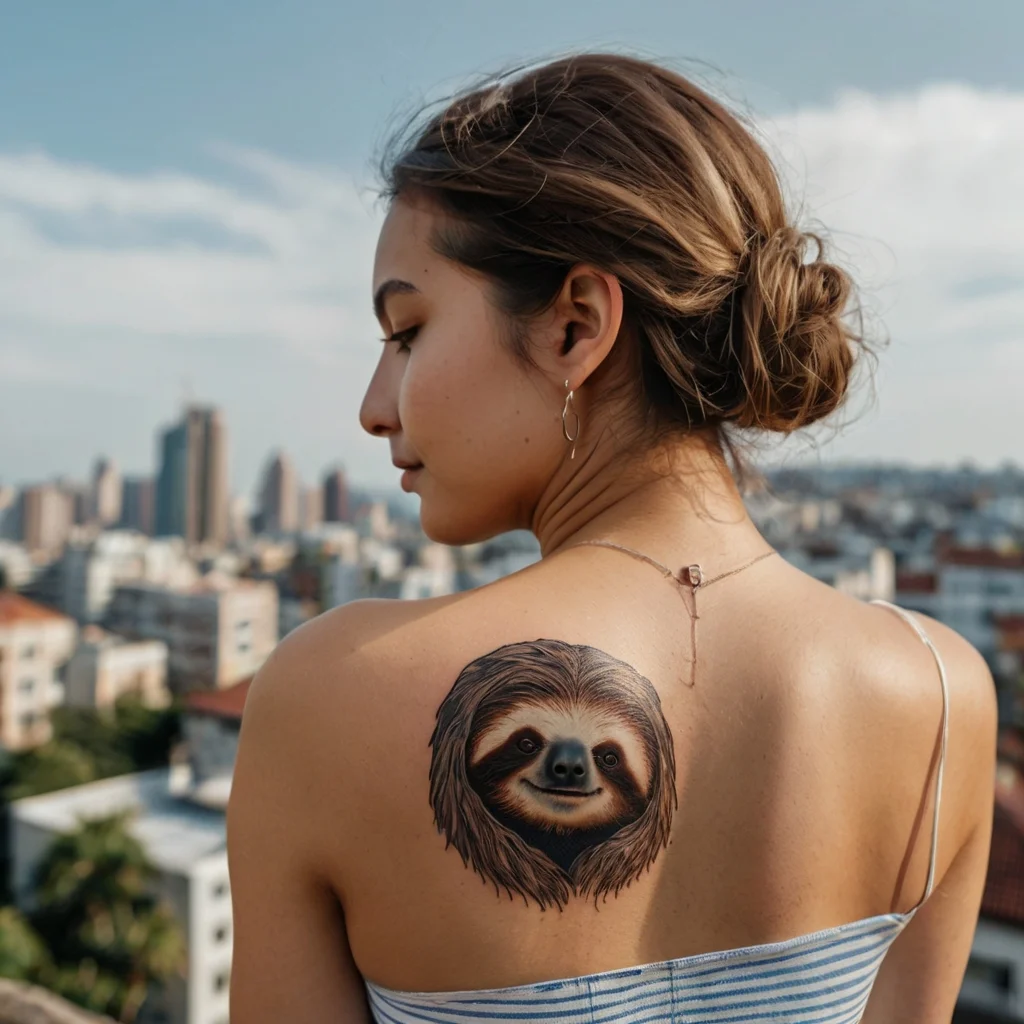 Realistic sloth tattoo on shoulder, featuring detailed fur and a gentle smile, set against an urban skyline backdrop.