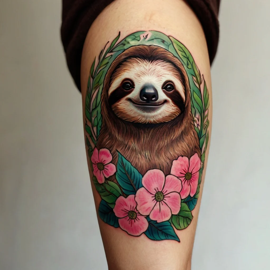 Realistic sloth surrounded by green leaves and vibrant pink flowers, creating a playful and nature-inspired tattoo design.