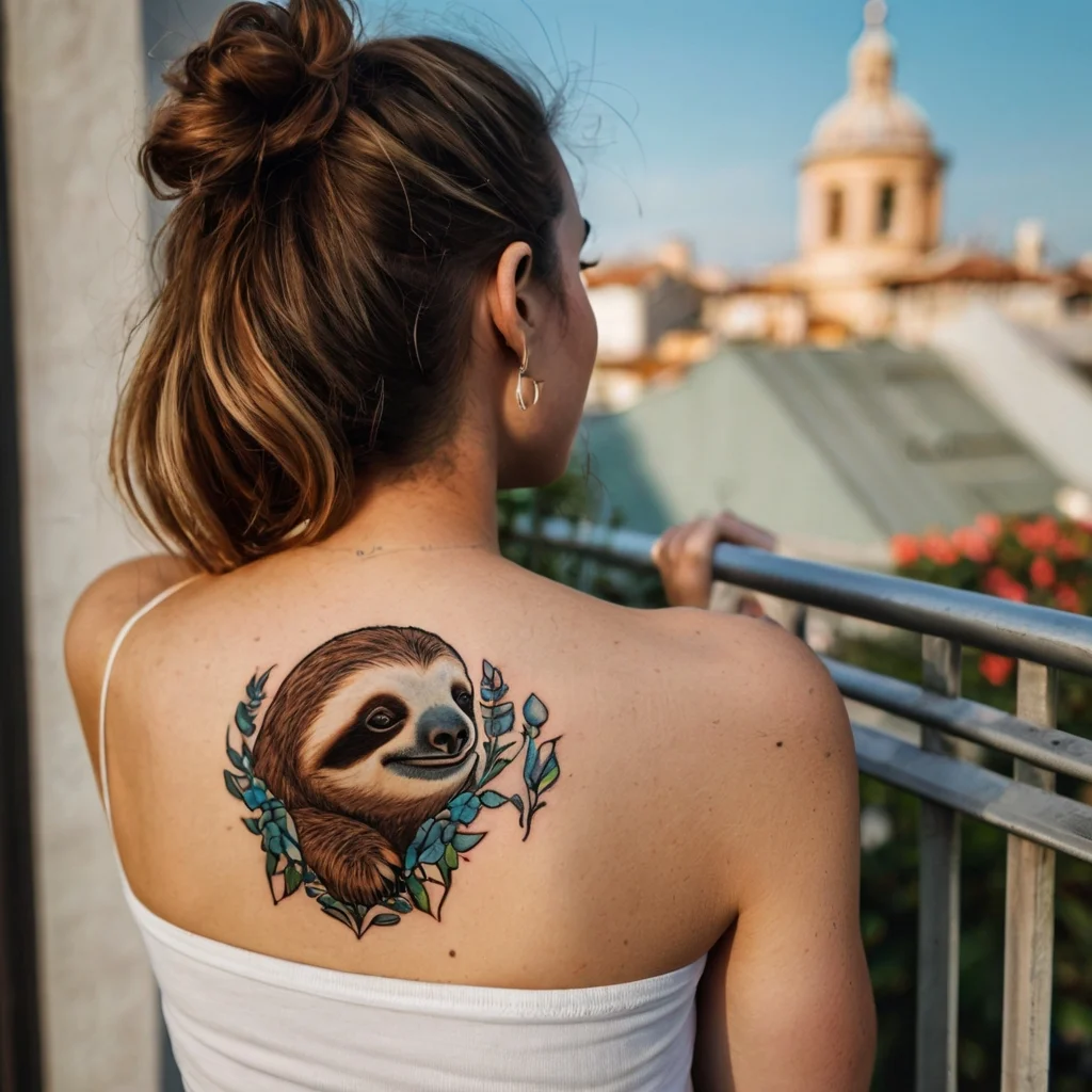 Realistic sloth tattoo on back, surrounded by vibrant blue and green leafy accents.