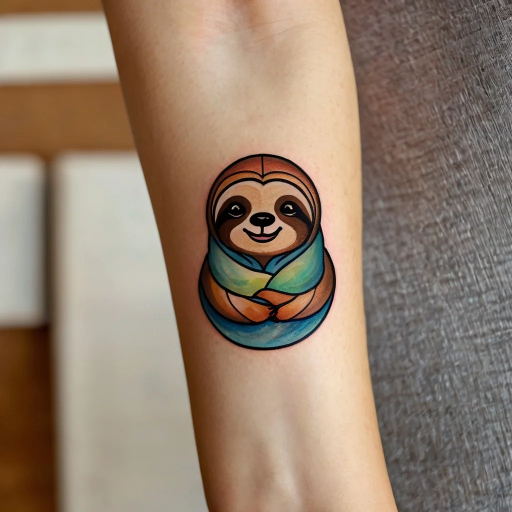 Colorful cartoon sloth tattoo with circular outline and cozy wrap on forearm, symbolizing relaxation and peace.