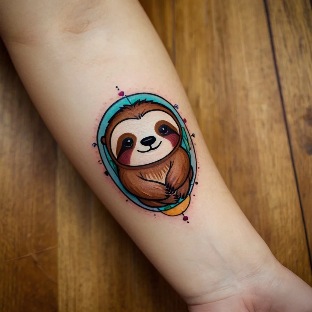 Cartoon sloth tattoo with a playful expression, set in a blue abstract frame with colorful accents on the arm.