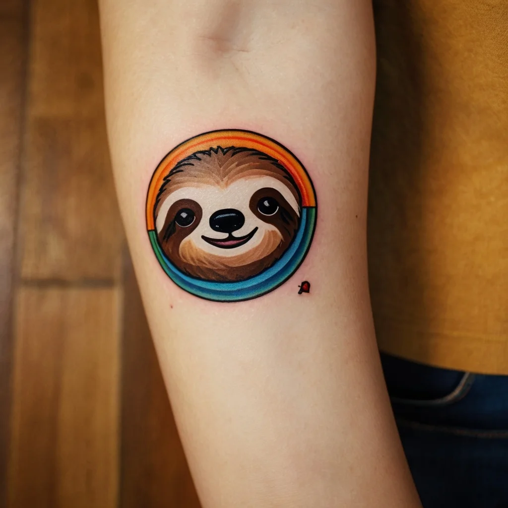 Colorful sloth face tattoo with an orange and blue circle, showcasing a playful and cute design on the forearm.