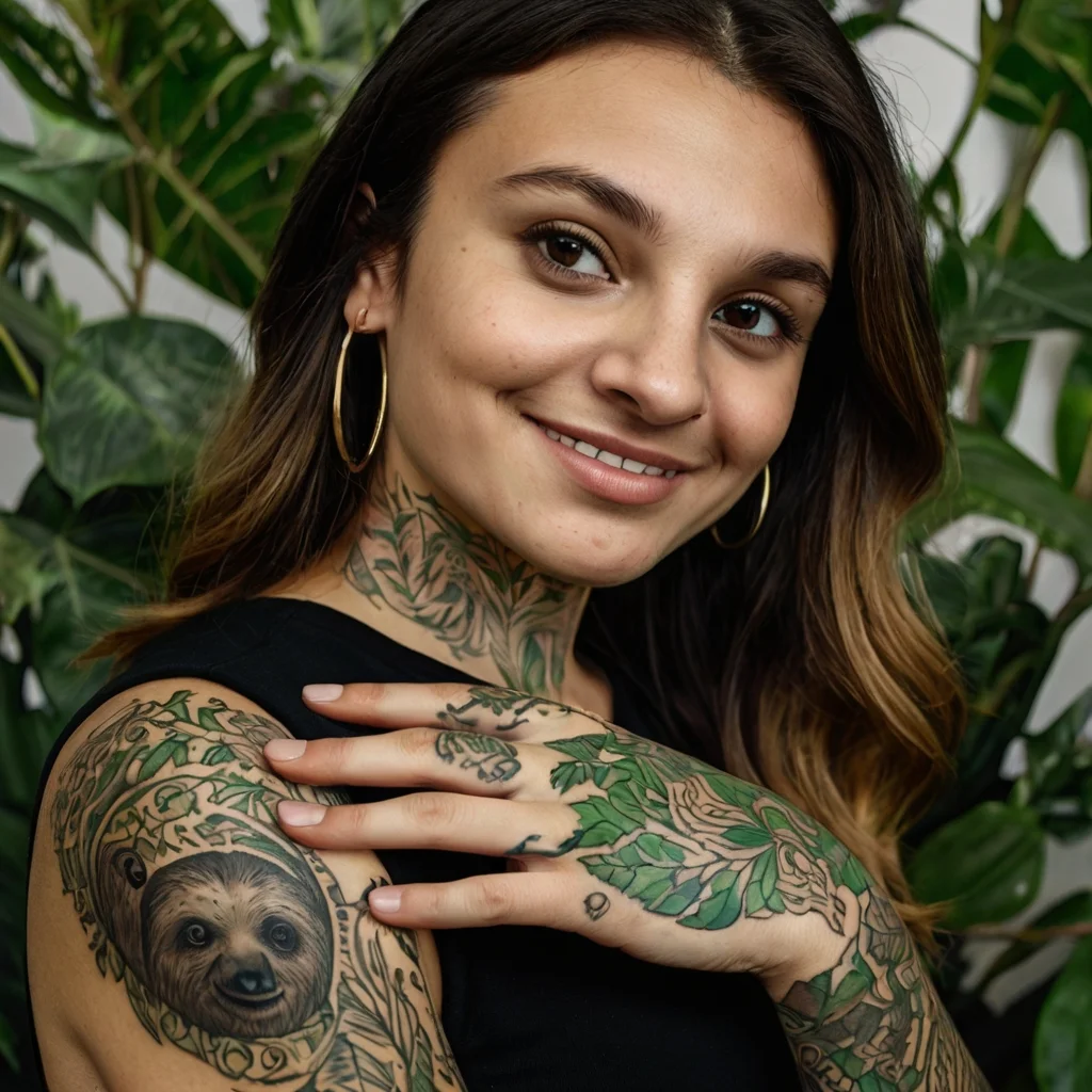 Woman with intricate botanical tattoos on her neck and hand, featuring a detailed sloth on her shoulder.