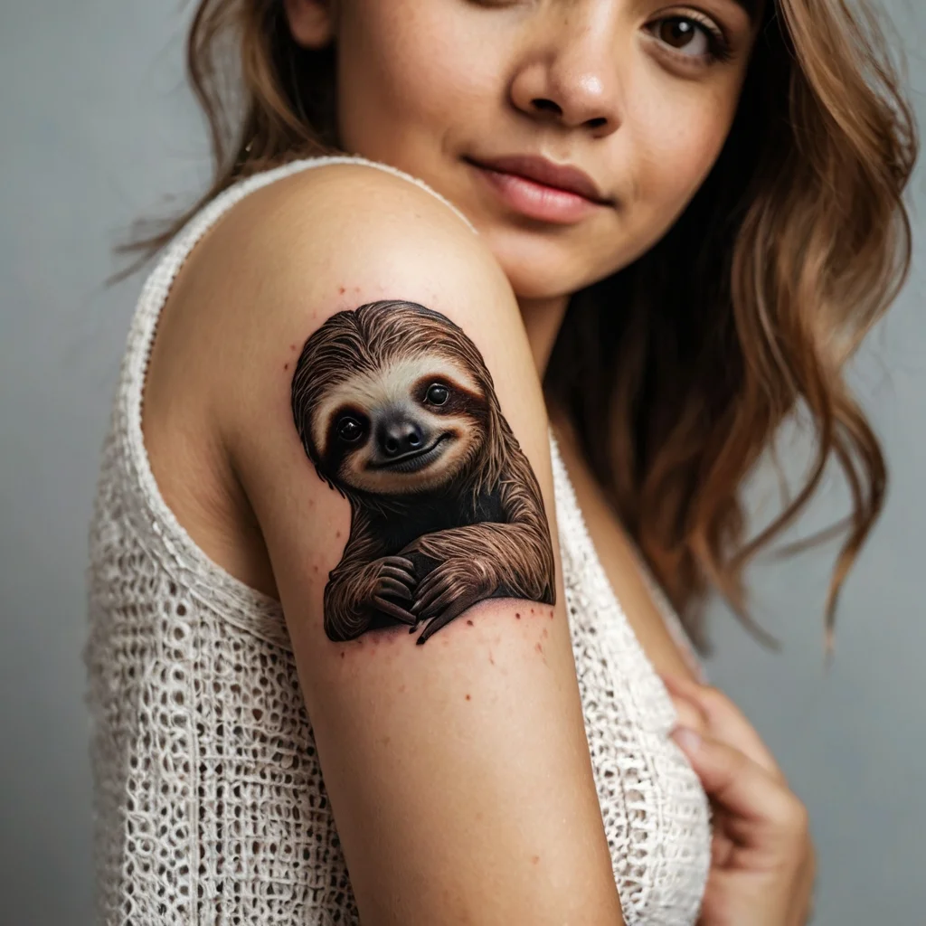 Realistic sloth tattoo on upper arm, showcasing a smiling sloth in intricate detail with lifelike shading and texture.