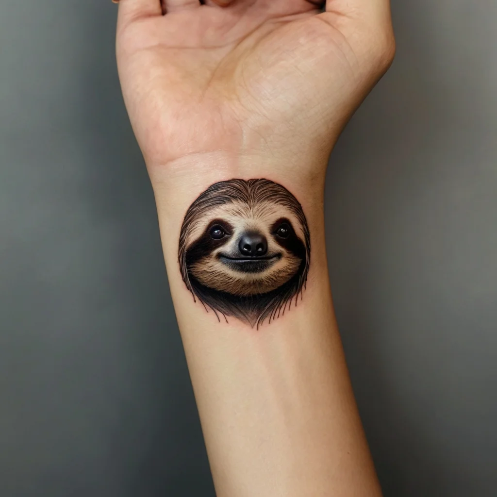 Realistic sloth face tattoo on wrist, capturing a gentle smile with detailed shading and natural tones.