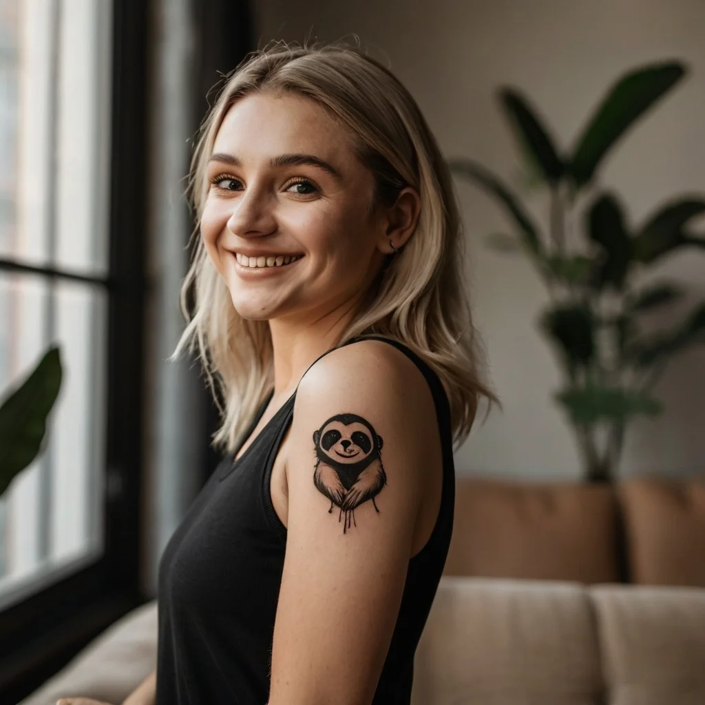 Black ink tattoo of a cute panda with a heart-shaped face on upper arm, with minimalist shading and linework detailing.