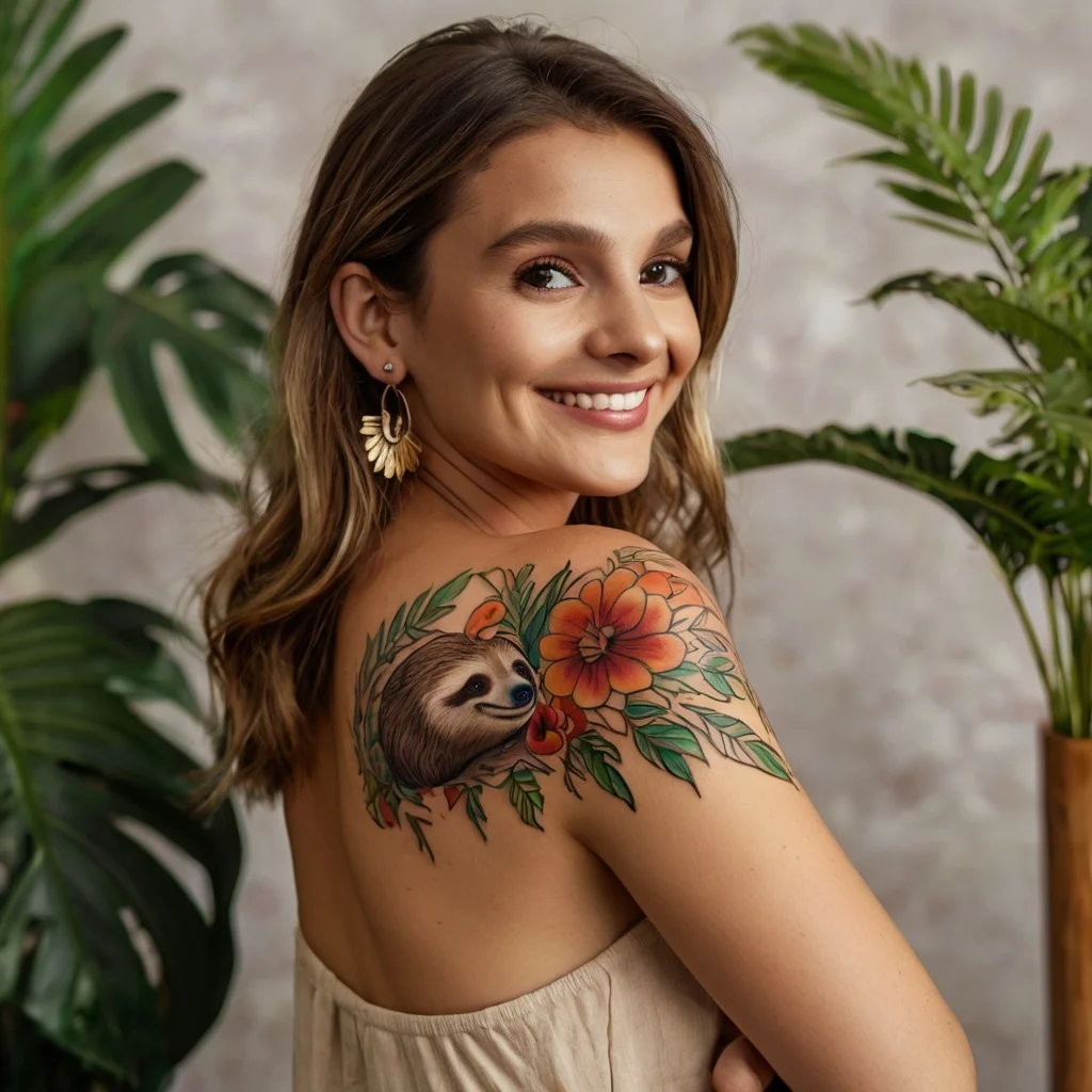 Colorful tattoo of a sloth surrounded by tropical leaves and vibrant orange flowers on the woman's shoulder.