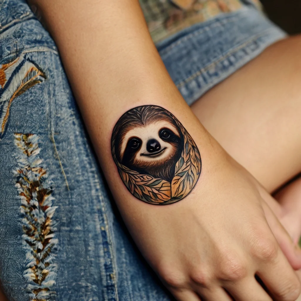 Tattoo of a cute sloth nestled in fallen leaves, emphasizing warmth and coziness, on person's forearm.