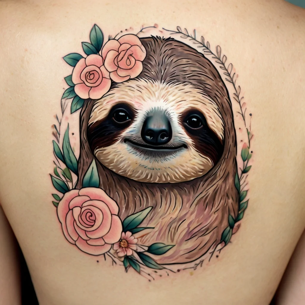 Colorful sloth tattoo framed by pink roses, green leaves, and delicate vines, creating a playful and serene design.