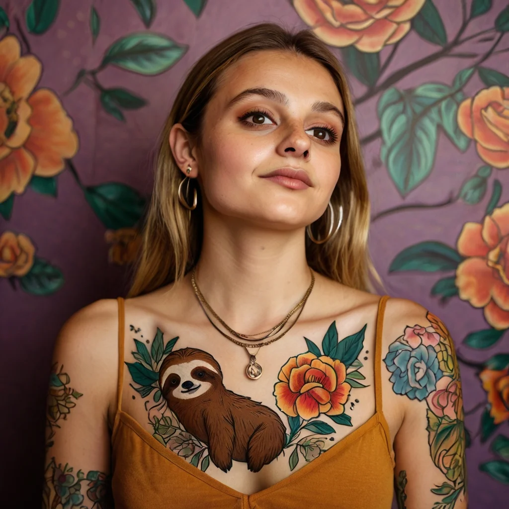 A sloth tattoo rests among vibrant flowers on the woman's chest, combining whimsical elements with floral beauty.