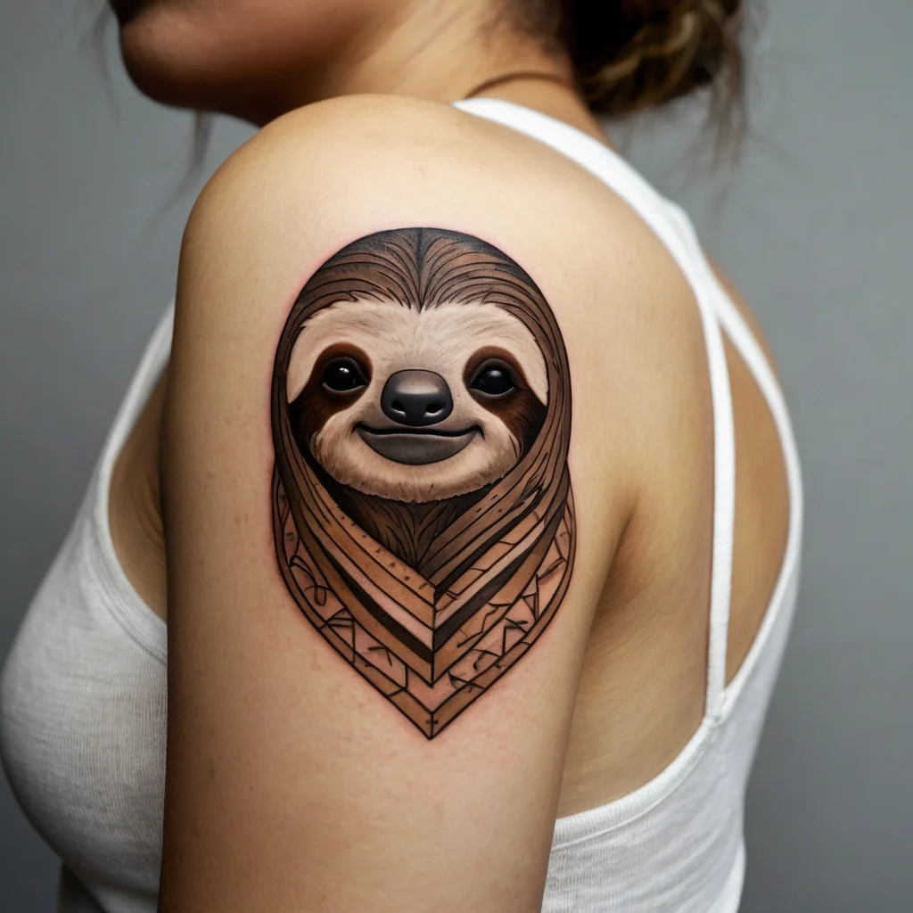 Realistic sloth tattoo on shoulder with geometric pattern; features a smiling sloth face wrapped in layered, angular lines.