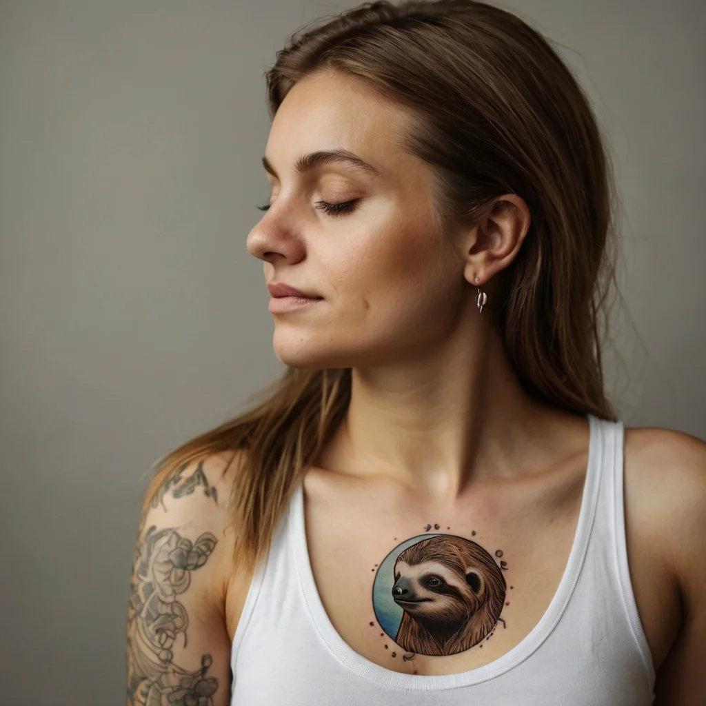 A realistic sloth face tattoo with a blue circular background on the chest, surrounded by small dot accents.