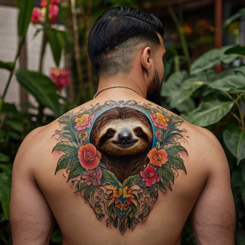 Detailed sloth portrait surrounded by vibrant flowers and intricate foliage on the upper back.