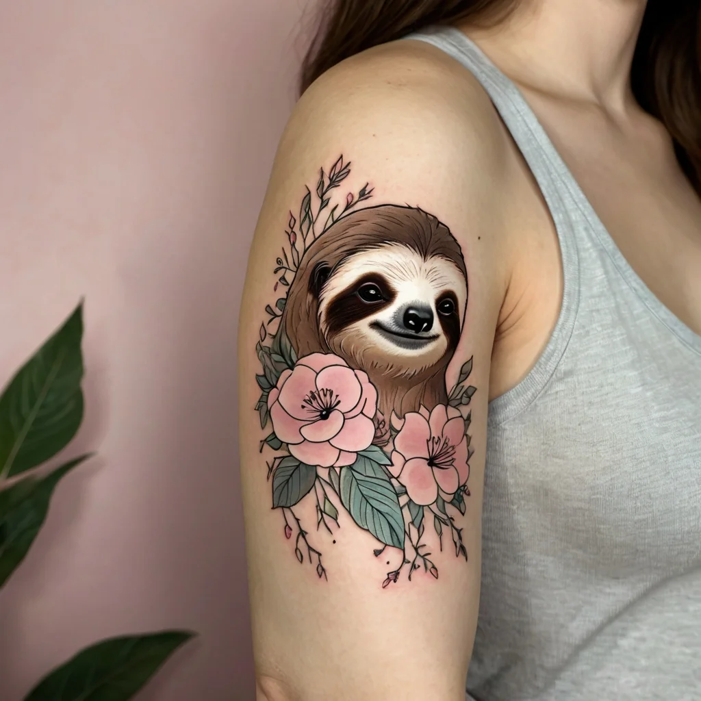 A detailed sloth tattoo surrounded by pink flowers and green leaves, symbolizing tranquility and nature on the arm.