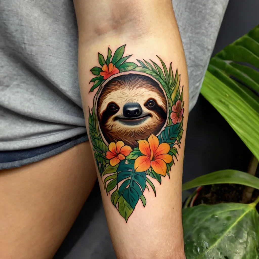 Colorful tattoo of a smiling sloth surrounded by vibrant tropical leaves and orange-yellow flowers on the arm.